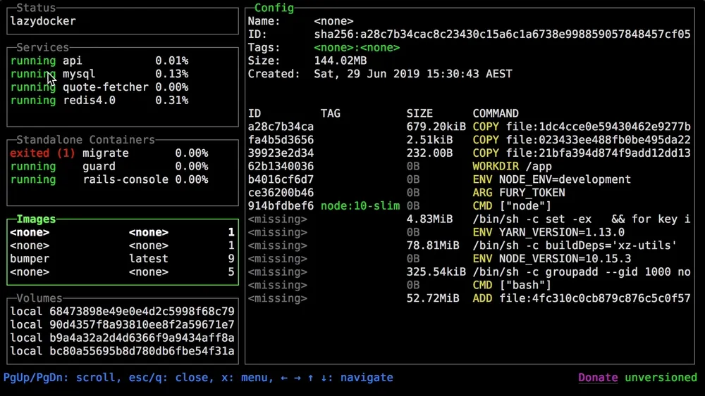 Lazydocker terminal UI showing container stats and logs.